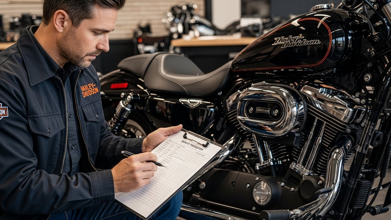 Homem inspecionando uma moto